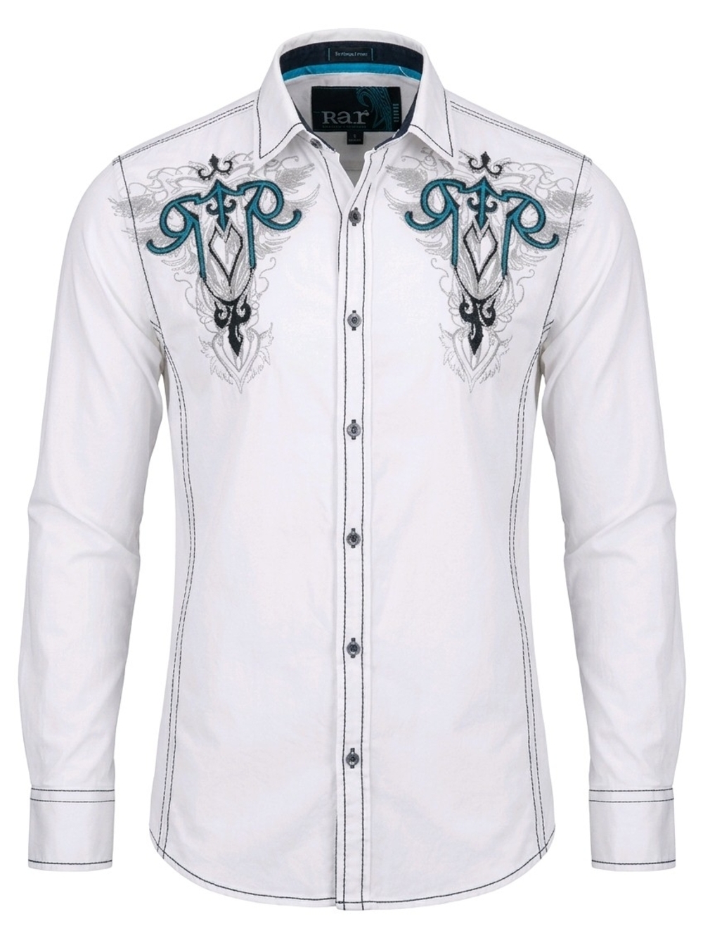 Roar White Graphic Long-Sleeve Shirt with Teal Embroidery Size Large